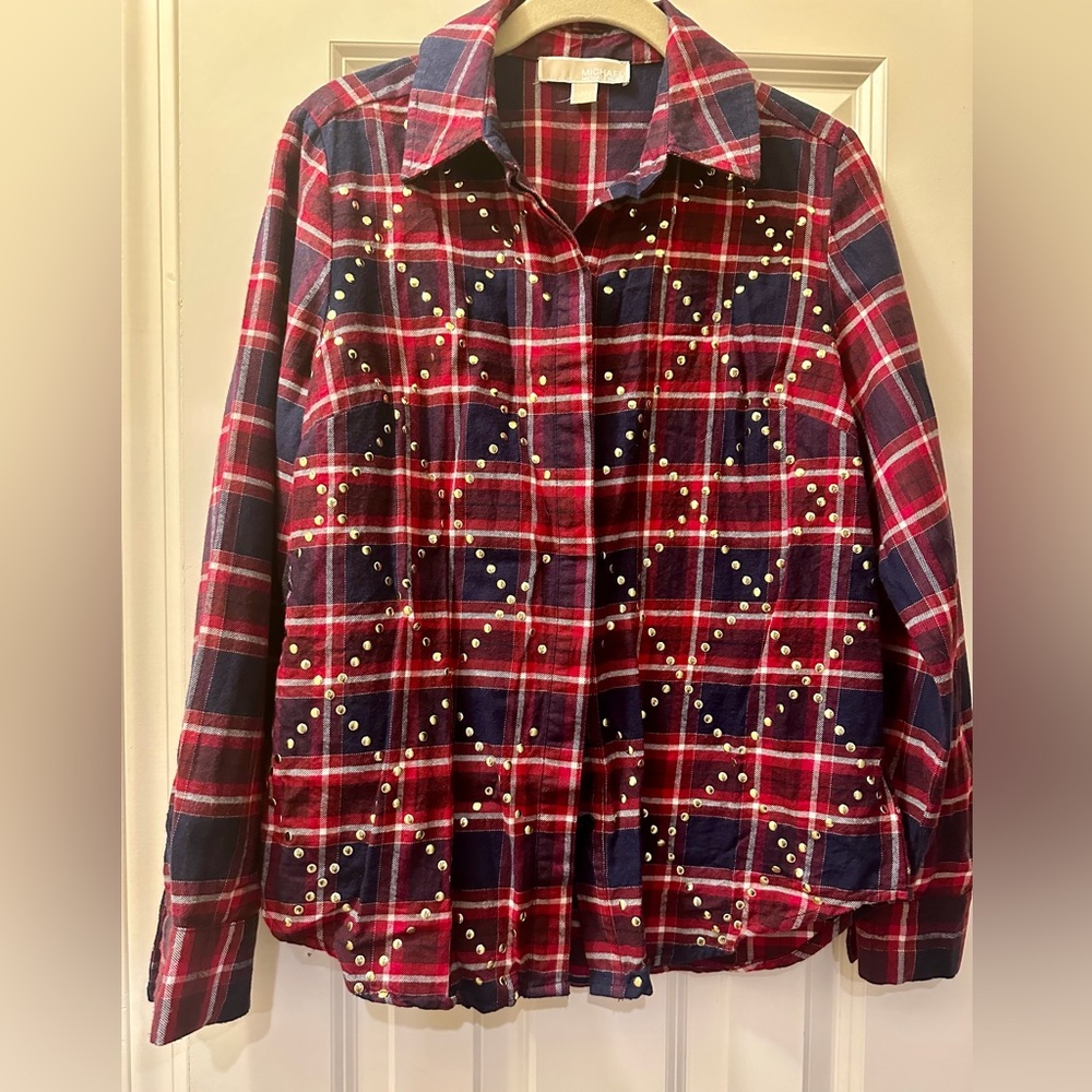 Michael Kors Plaid Shirt in Red and Blue with Gold Studs
